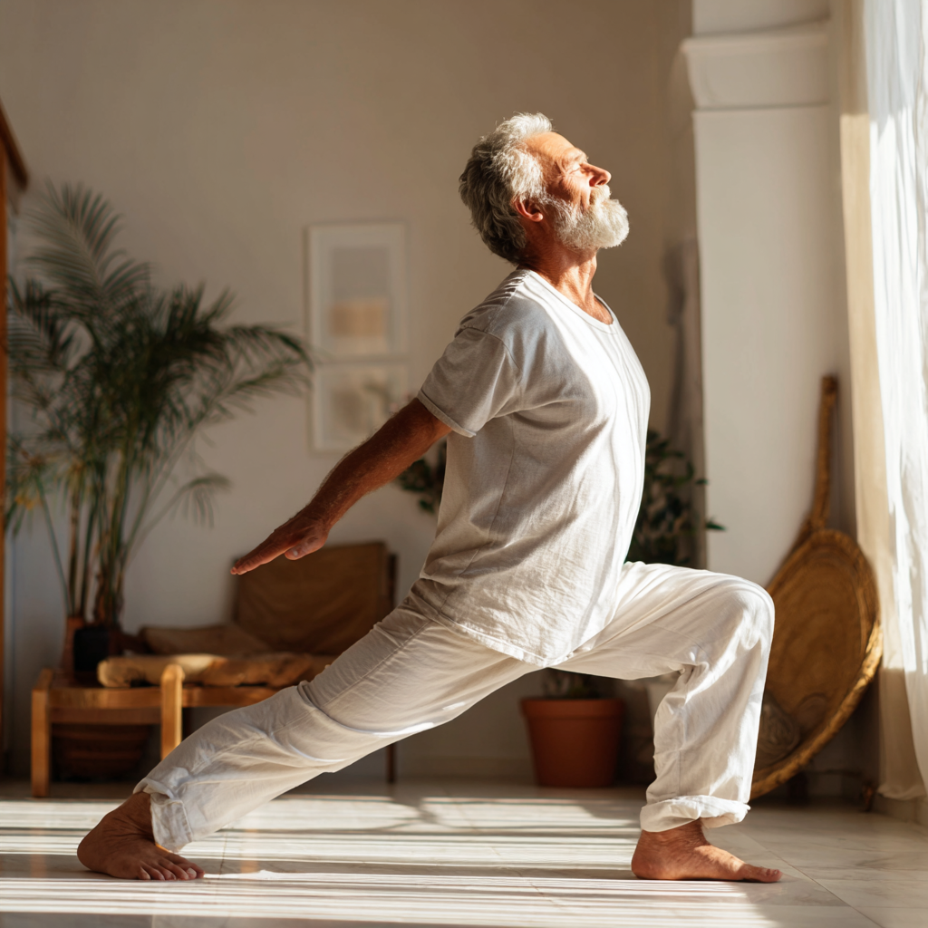 Smiling middle-aged Uzbekistan woman practicing yoga in peaceful outdoor setting