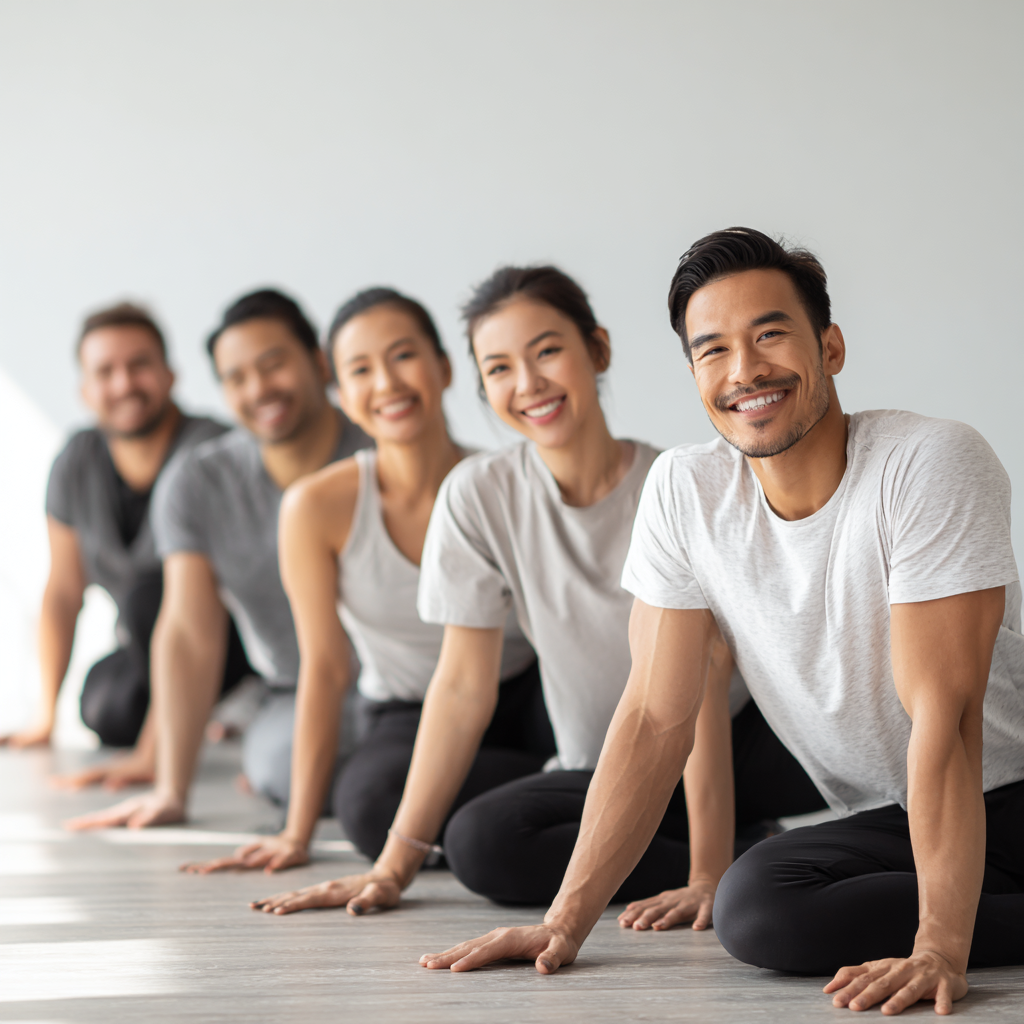 Smiling middle-aged Uzbekistan people practicing gentle yoga stretches and poses